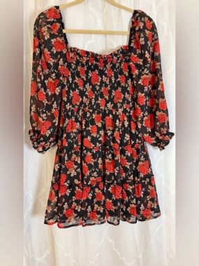 Miami Francesca’s Black Floral Smocked Mini Dress NWT Sheer Sleeve | Size Small